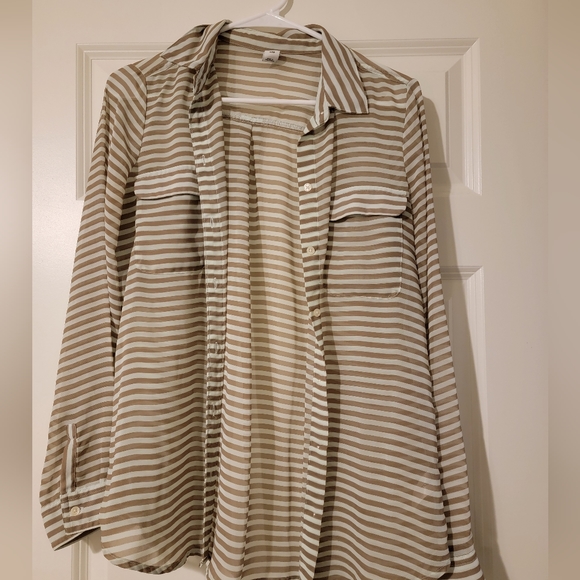 Old Navy Tops - Old Navy Tan and Teal Striped Button Up with Two Chest Pockets